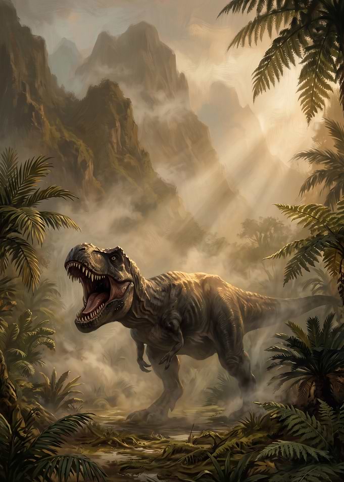 Roaring Tyrannosaurus Rex in Prehistoric Jungle