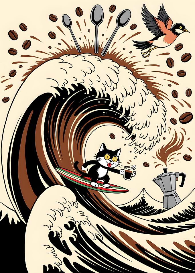 Surfing Black Cat Japanese Coffee Wave Poster
