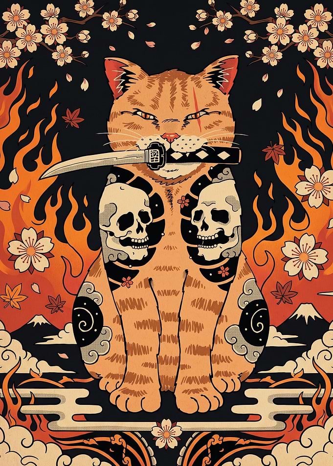 Samurai Cat with Katana and Skulls