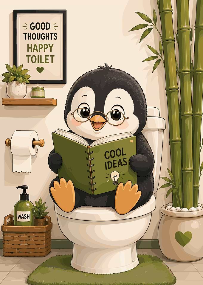 Cute Penguin Reading on Toilet