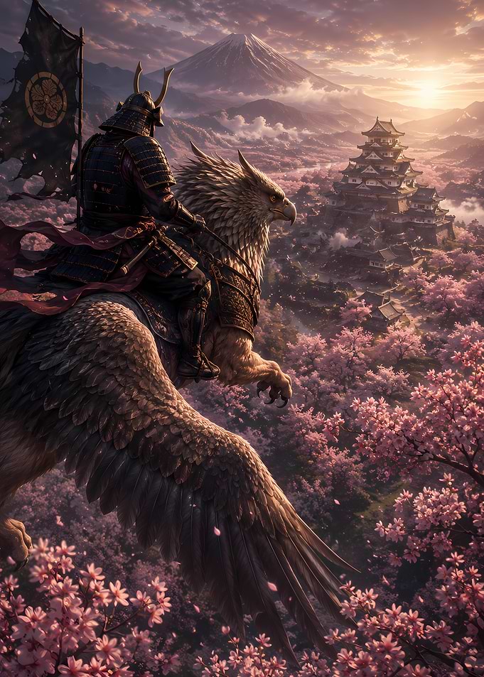 Samurai Riding Griffin Over Cherry Blossoms