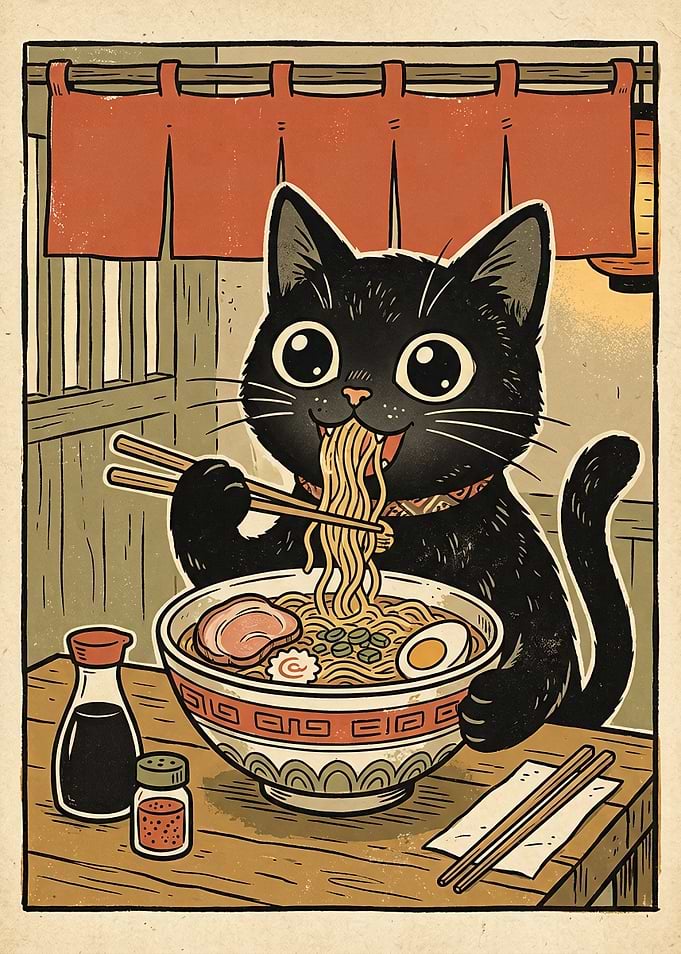 Cute Black Cat Eating Ramen