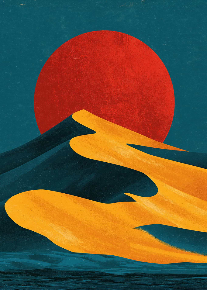 Minimalist Desert Landscape with Red Sun
