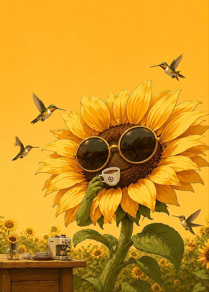 Sunflower drinking coffee in a field