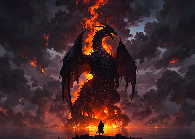 Warrior Facing a Massive Fire Dragon