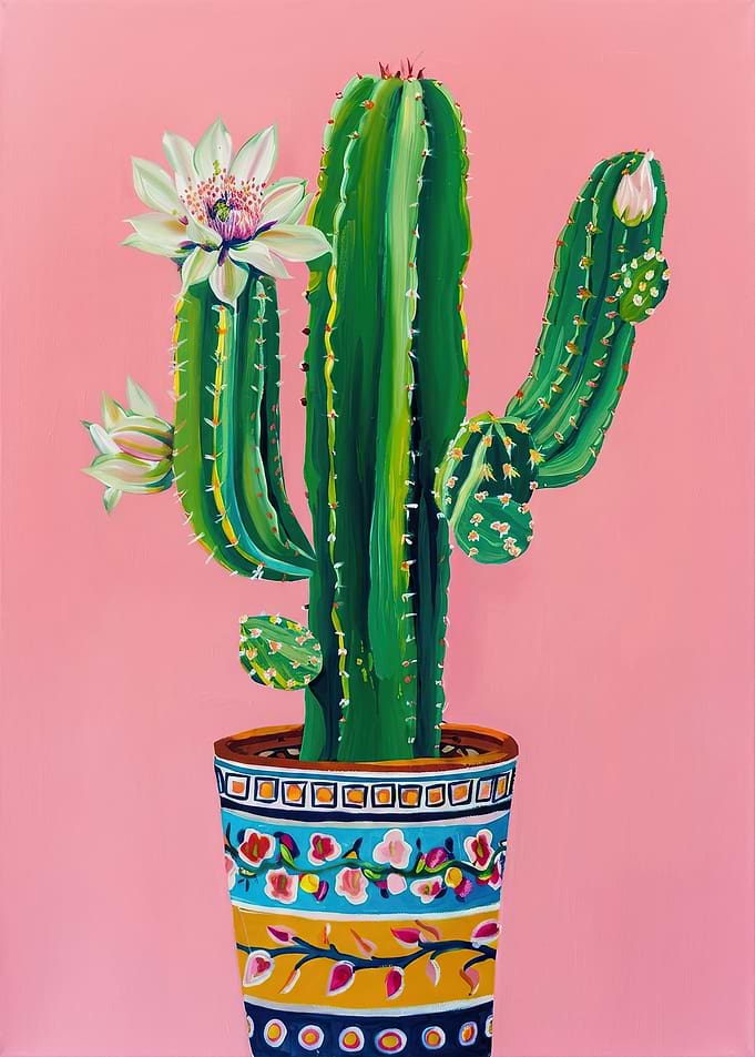 Potted Cactus with Blooming Flowers