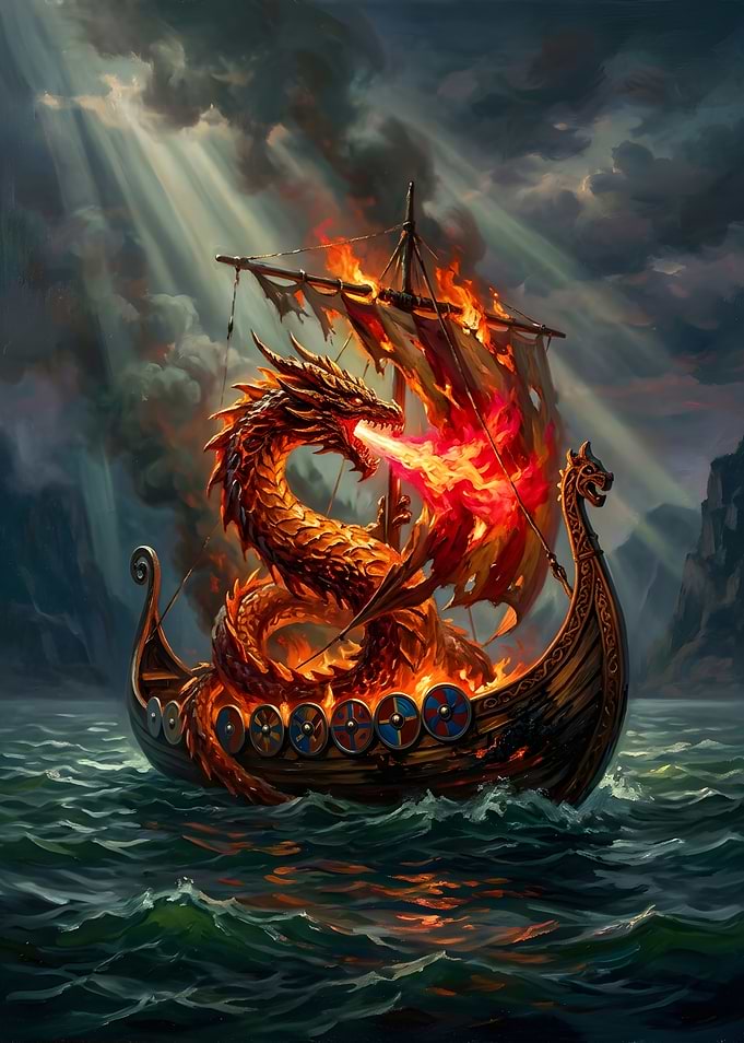Dragon Breathing Fire on Viking Ship