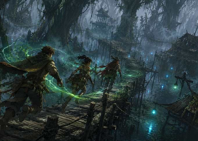 Adventurers Running Through Mystical Swamp