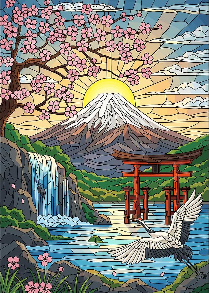Stained Glass Mount Fuji Landscape
