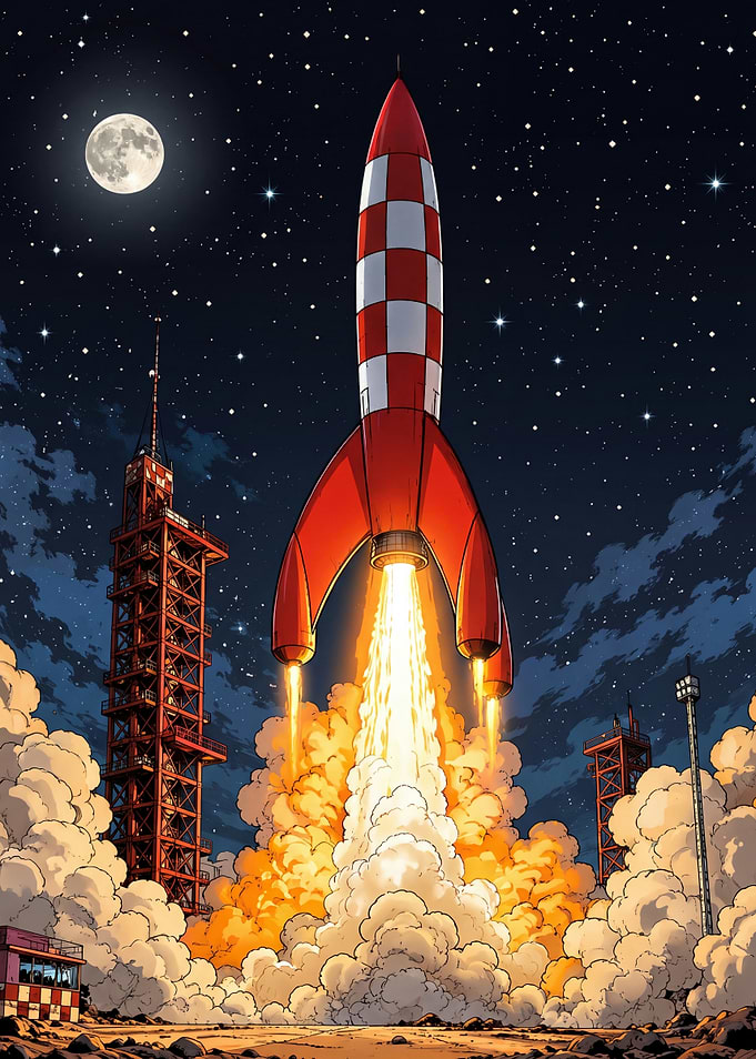 Tintin Rocket Launching into Space