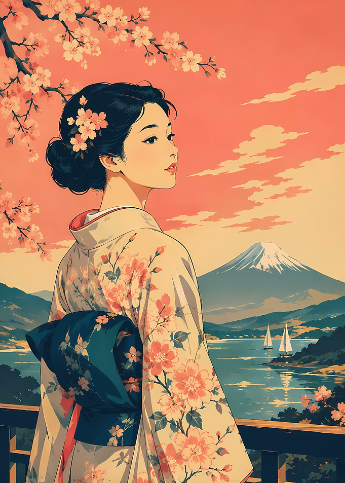 Woman in Kimono by Mount Fuji