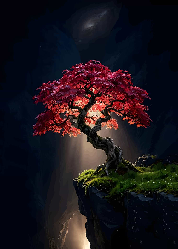 Glowing Red Maple Tree on Cliff