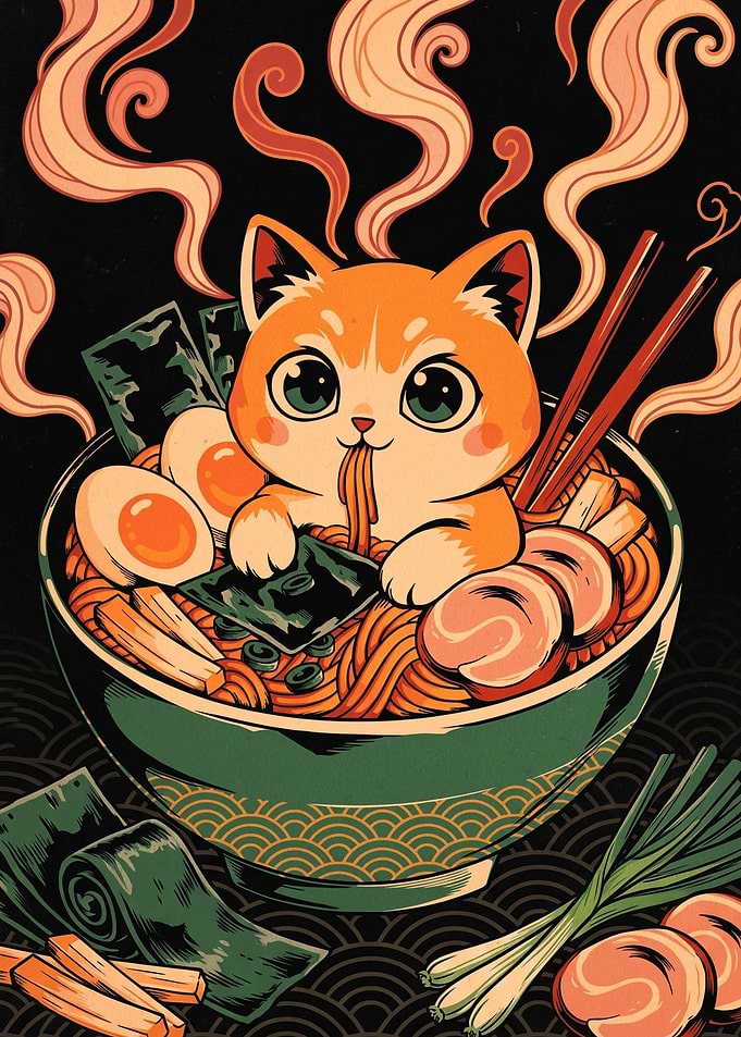 Cute Cat Eating Ramen Bowl Illustration