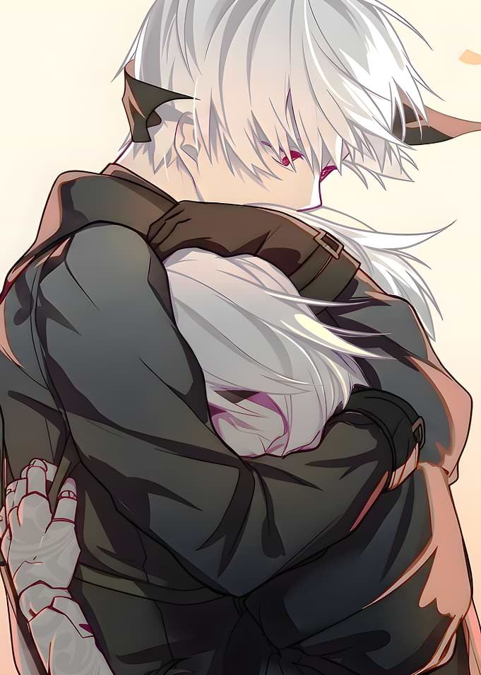 Anime characters sharing a tender embrace