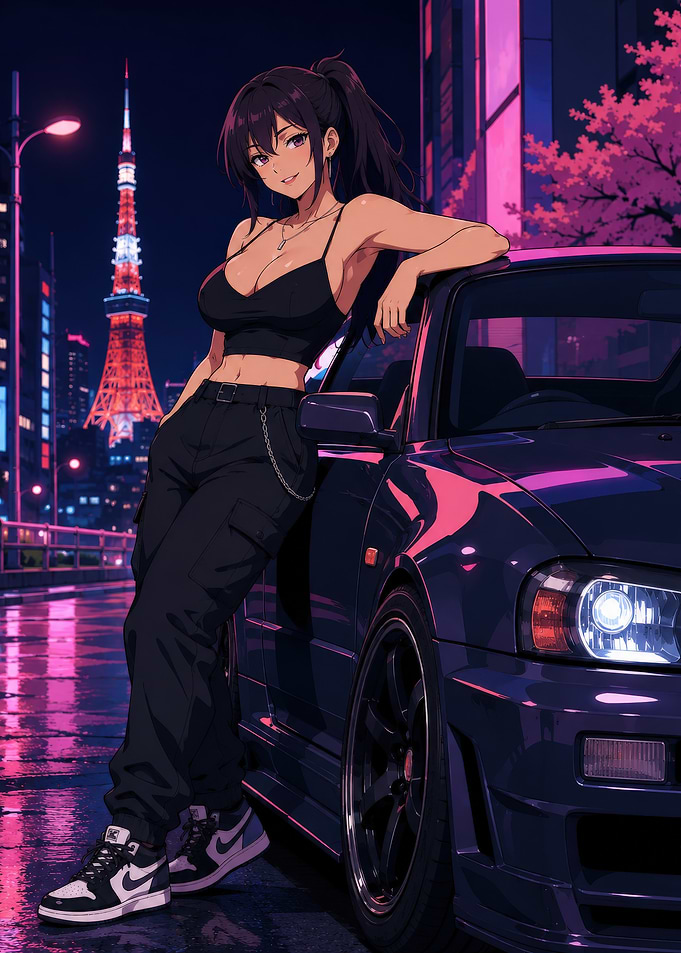 Anime Girl Leaning on Sports Car