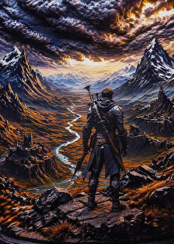 Warrior overlooking a fantasy valley