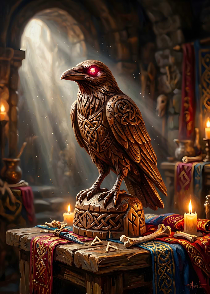 Norse Raven Statue with Glowing Eyes
