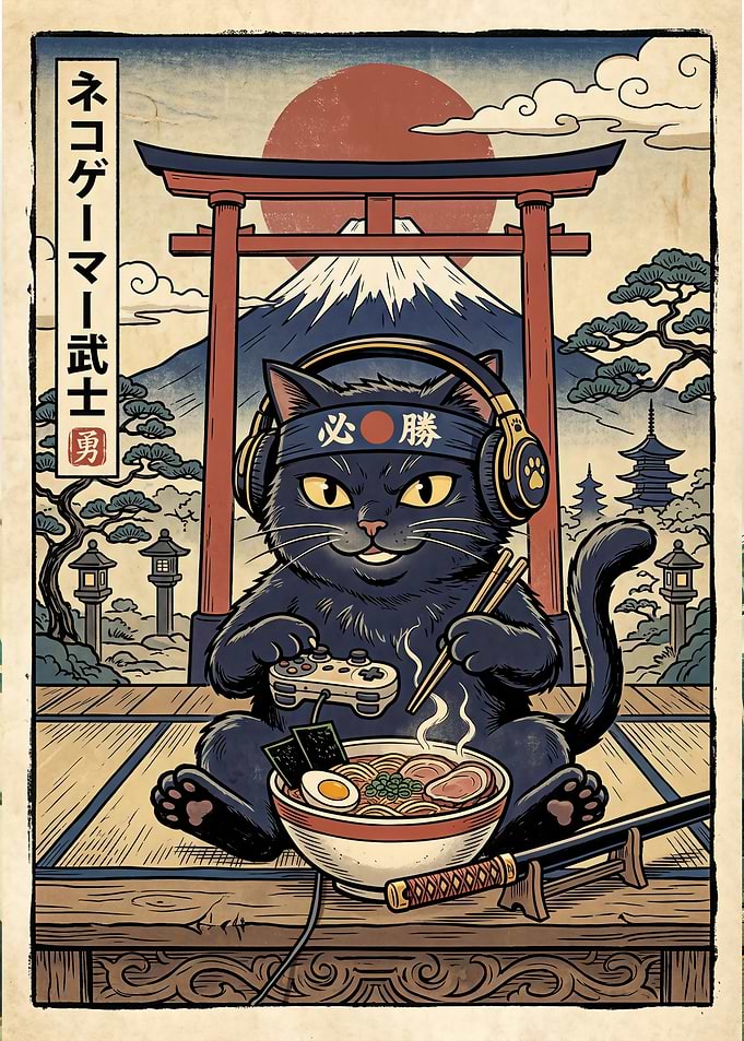 Gaming Samurai Cat Eating Ramen