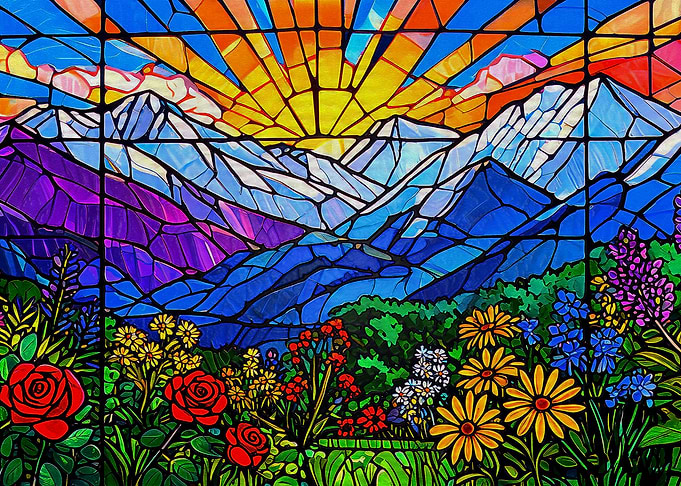 Stained Glass Mountain Sunrise Landscape