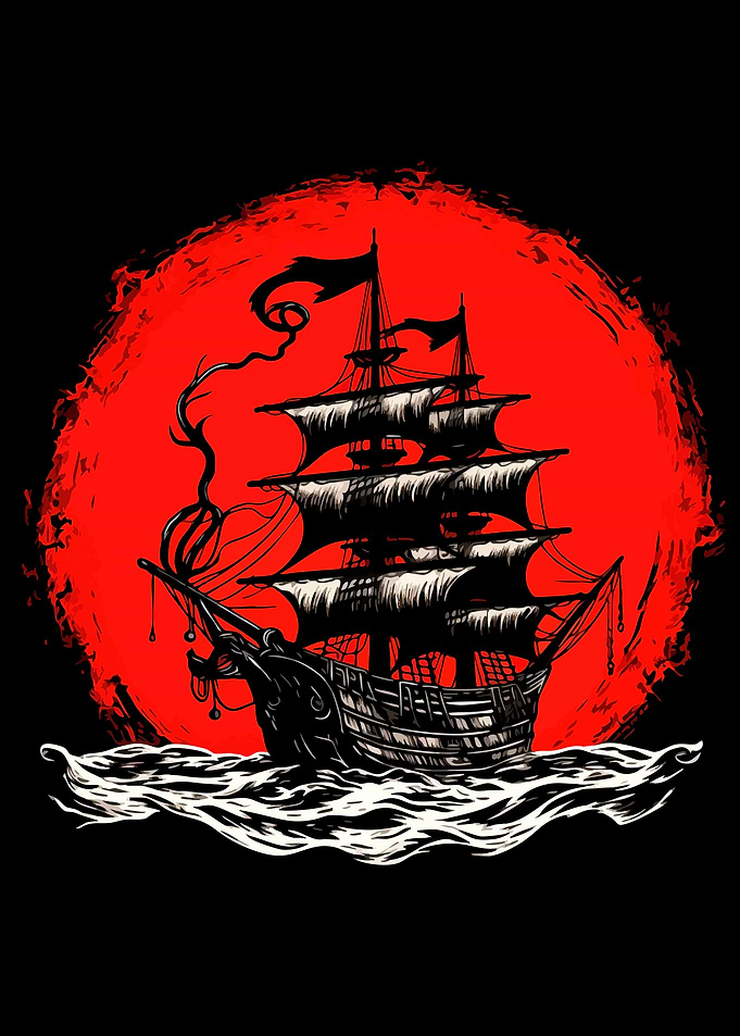 Ghost Ship Against Red Moon