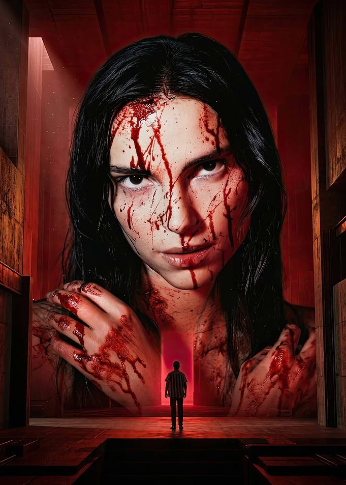 Giant Bloody Woman Confronting Man