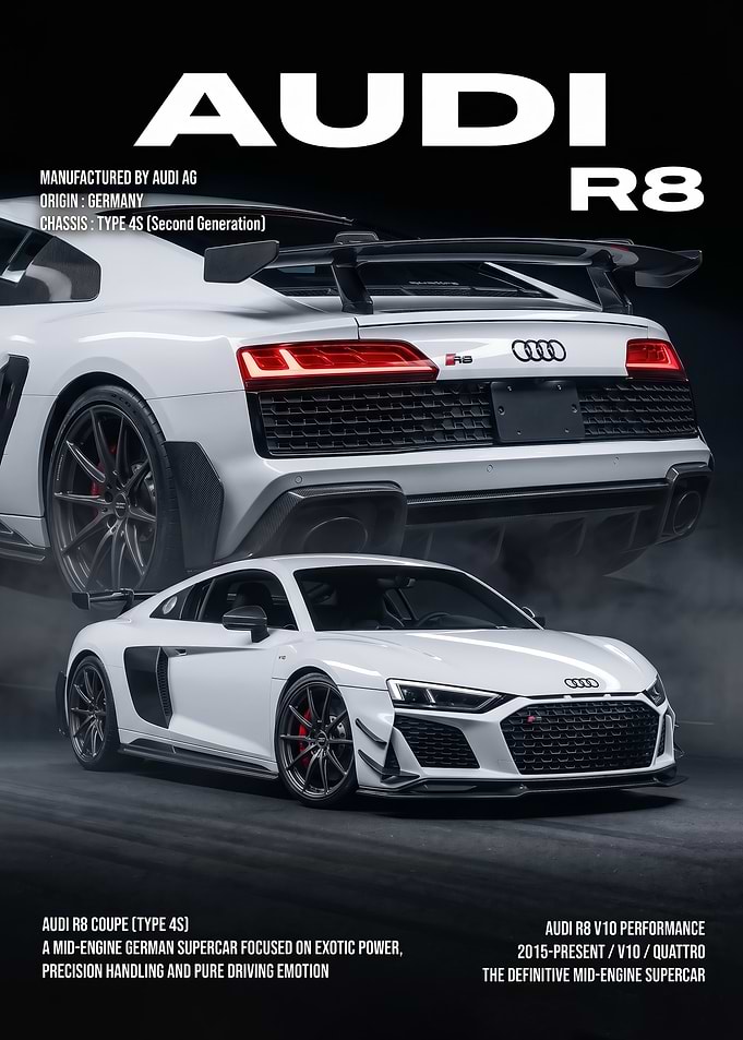 white sleek Audi R8 V10 sport care Poster