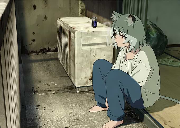 Anime Cat Girl Smoking on Balcony