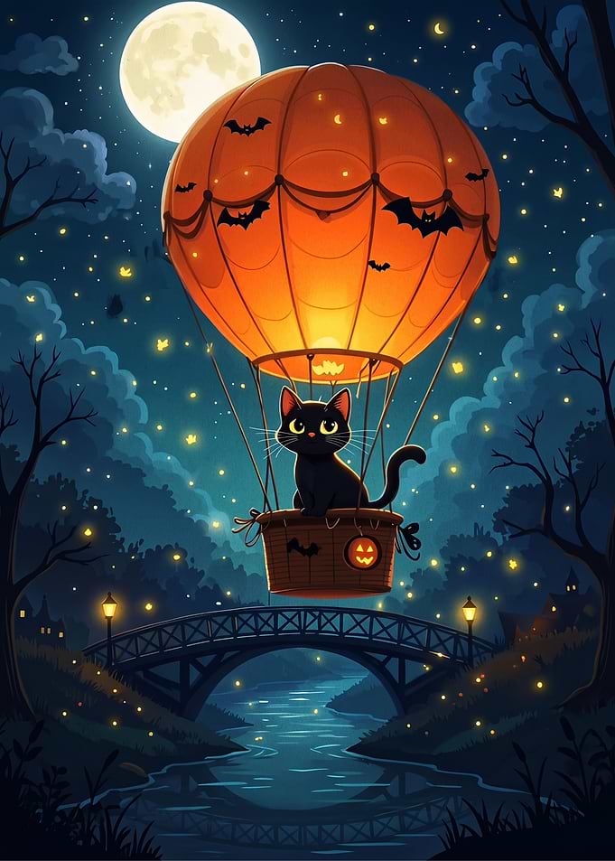 Black Cat in Halloween Hot Air Balloon