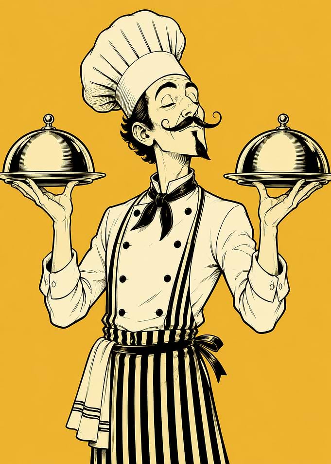 Vintage Style Chef Holding Serving Platters