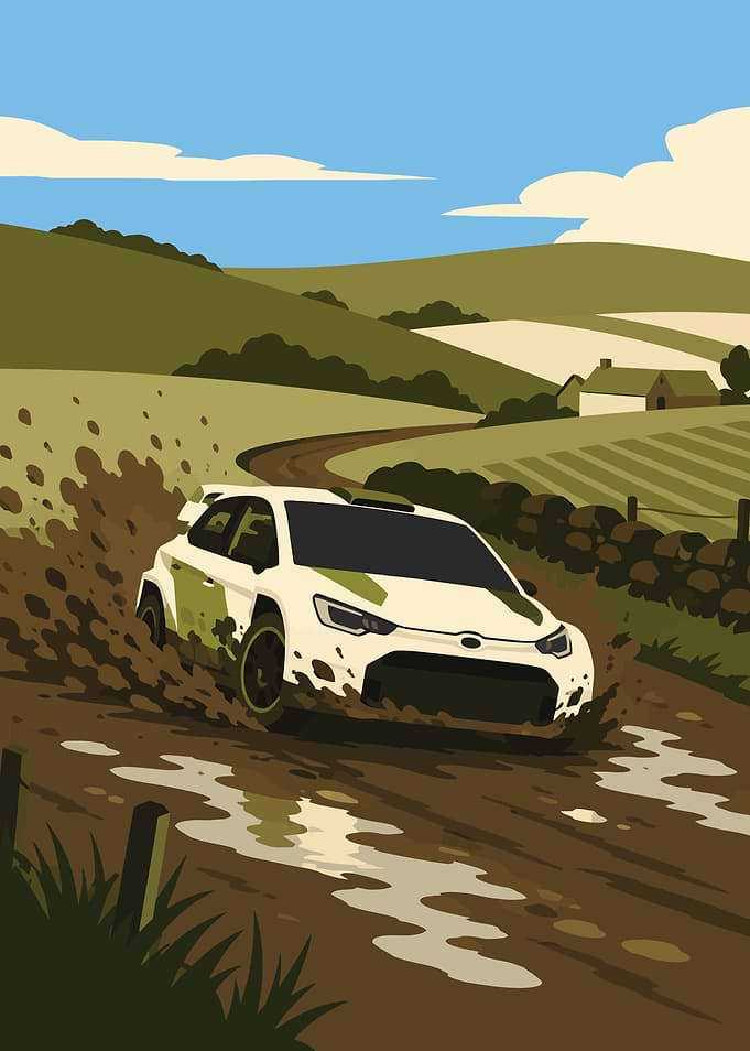 Rally Car Racing Through Mud