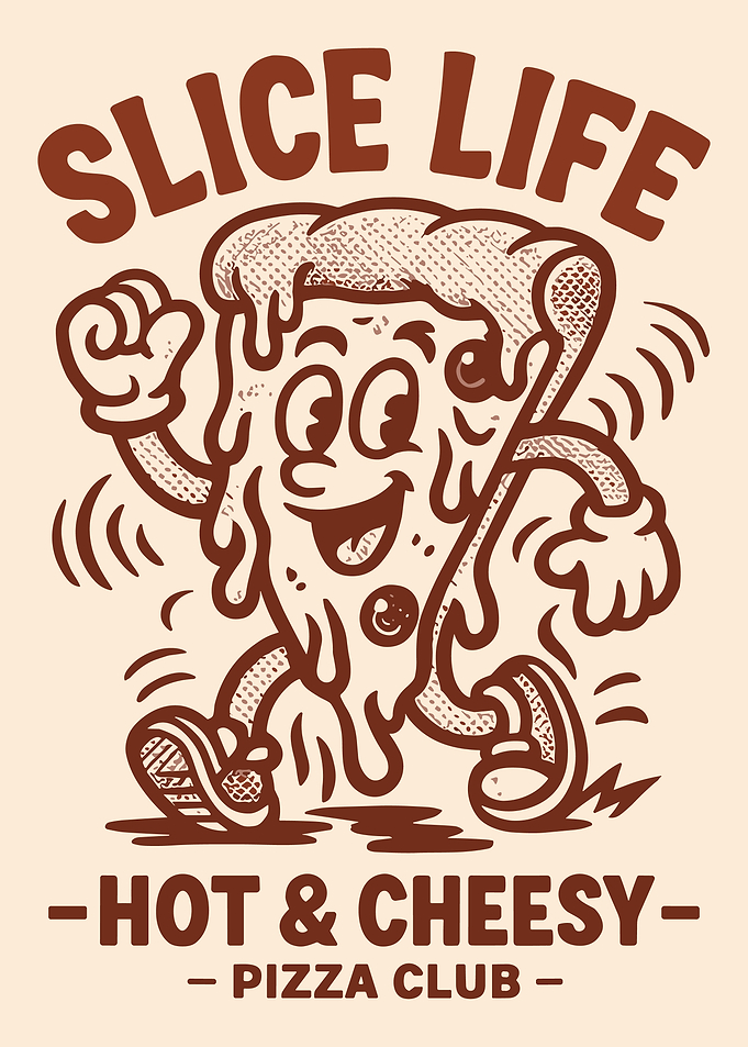 Vintage Slice Life Pizza Club Poster Retro Rubber Hose Cartoon Wall Art