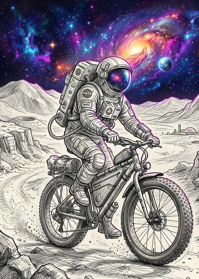Astronaut Riding Bicycle on Moon Surface