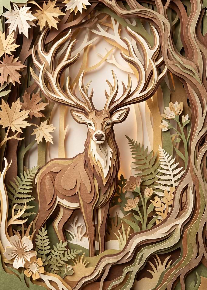 Layered Paper Art Deer in Forest