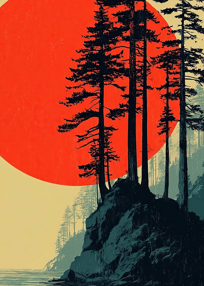 Red Sun Over Pine Forest