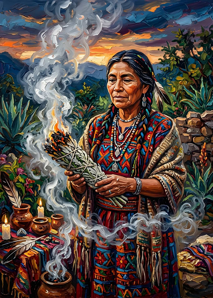 Indigenous Woman Performing Sage Smudging Ritual