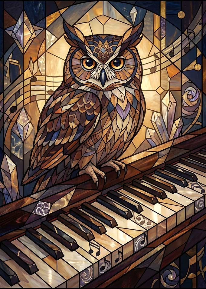 Stained Glass Owl Playing Piano