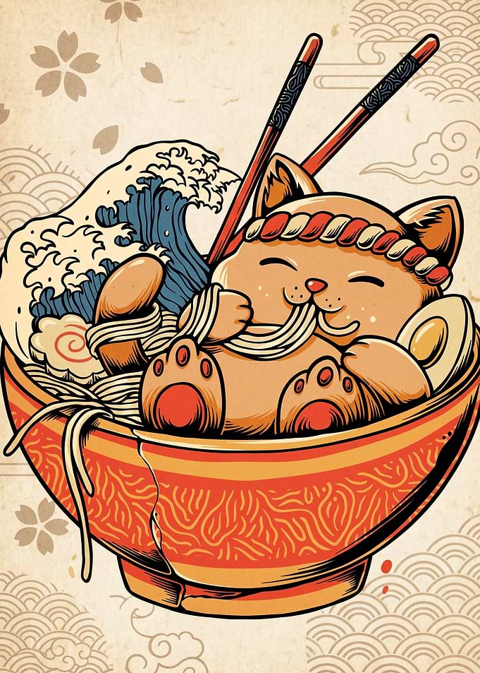 Cute Cat Eating Ramen Illustration