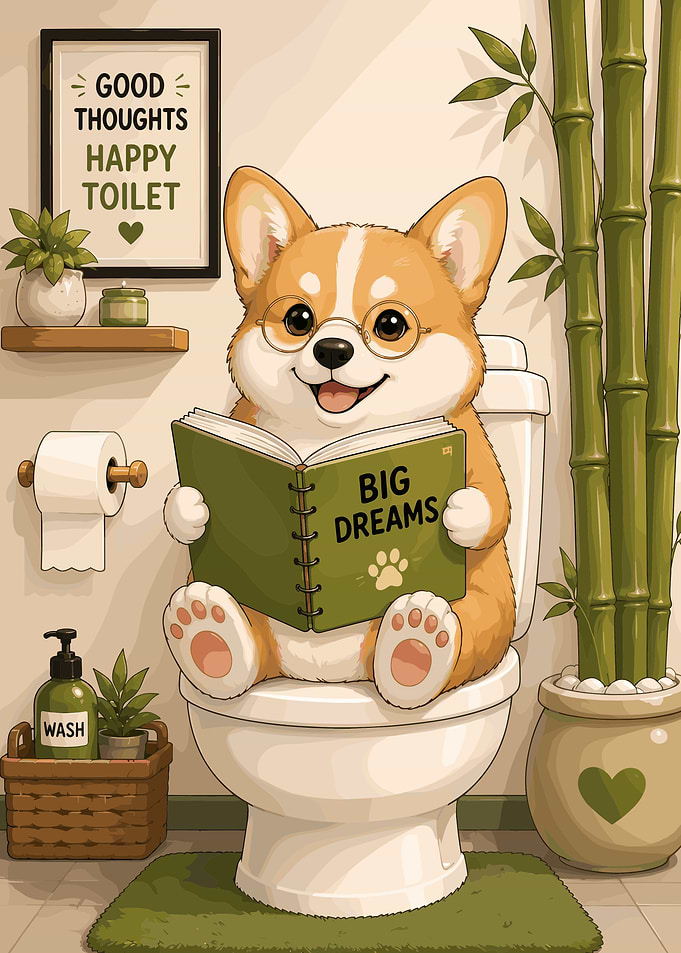 Cute Corgi Reading on Toilet