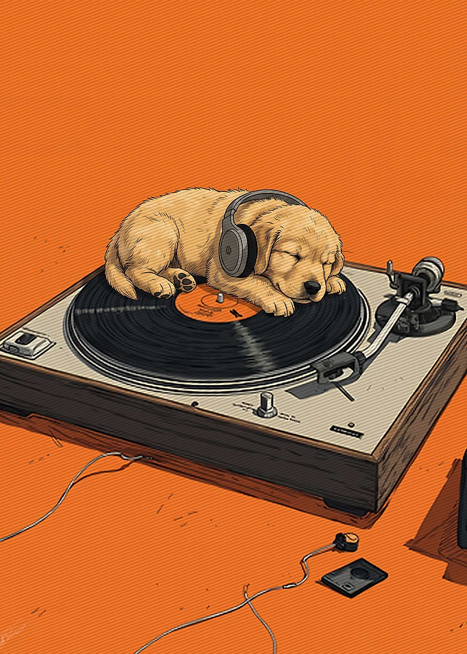 Puppy Sleeping on Vintage Turntable