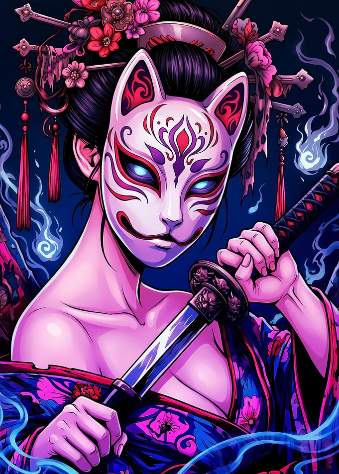 Kitsune Masked Samurai Woman Illustration