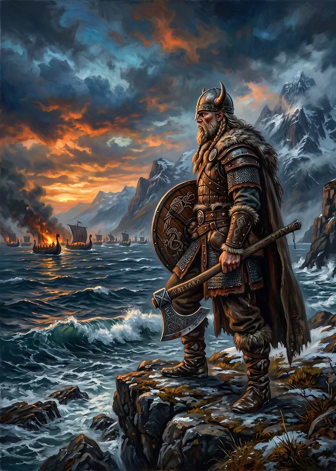 Viking Warrior Standing on Rocky Shore