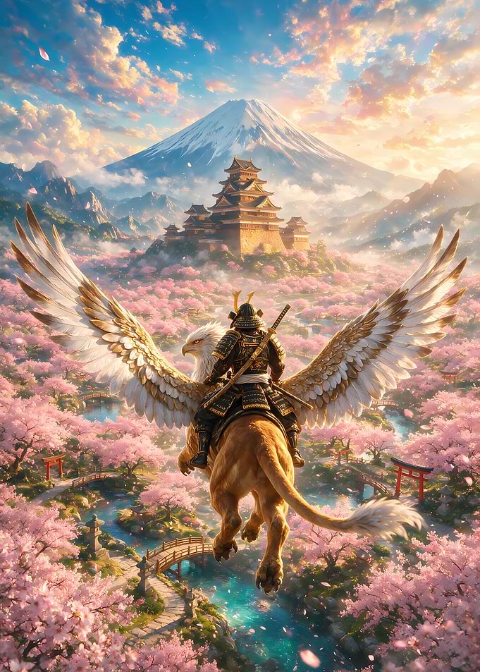 Samurai Riding Griffin Over Cherry Blossoms