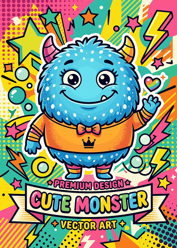 Cute Blue Monster Pop Art Illustration