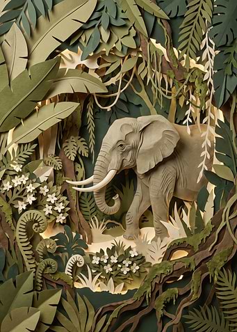 Paper Cutout Elephant in Jungle