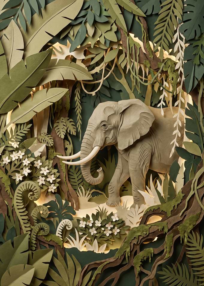 Paper Cutout Elephant in Jungle