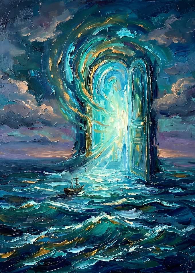Surreal Portal Over Stormy Ocean
