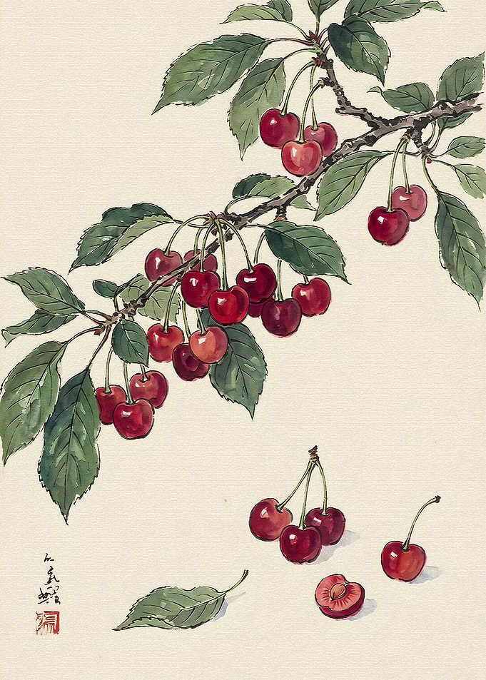 Traditional Ink Wash Painting of Cherries