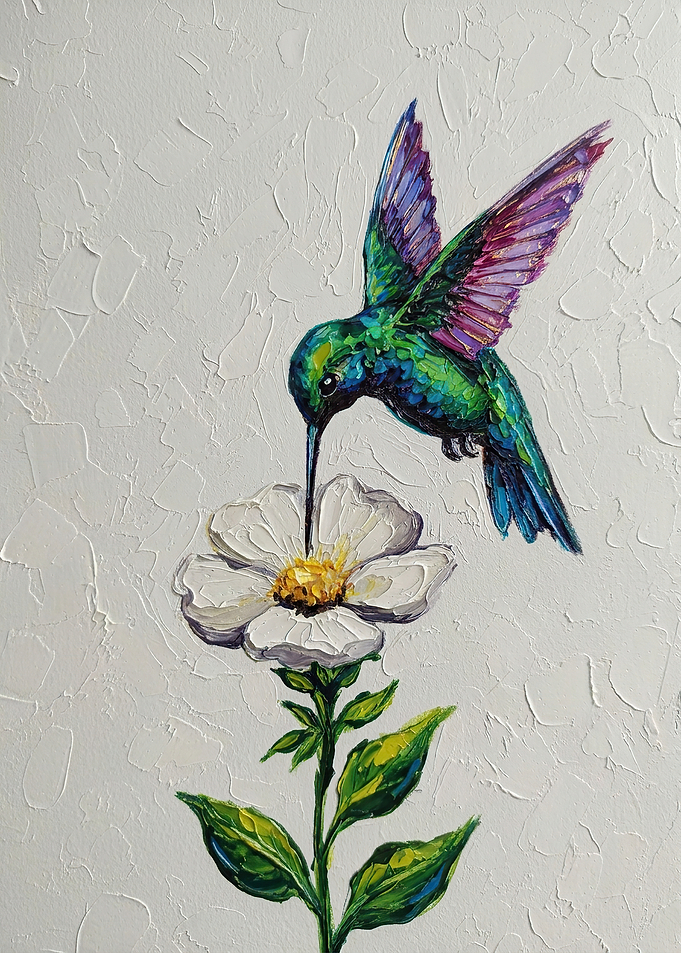 Hummingbird Feeding on White Flower Painting