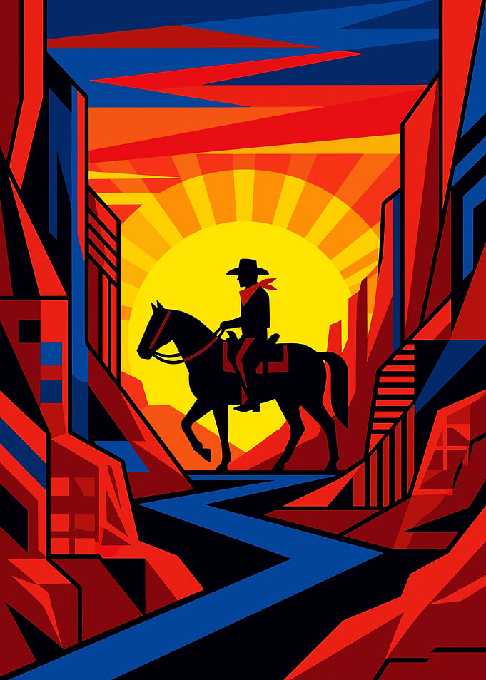 Geometric Cowboy Silhouette at Sunset