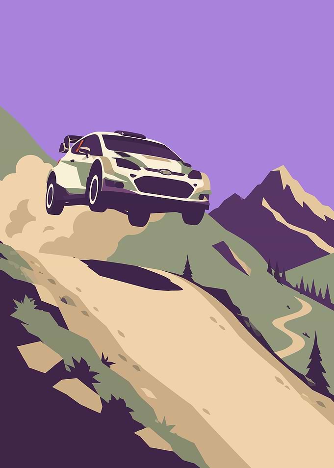 Rally Car Jumping Over Mountain Road